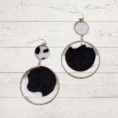 Round Cow Print Dangling Earrings Silver