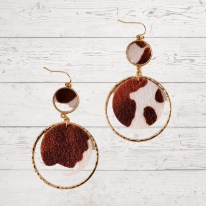 Round Cow Print Dangling Earrings Gold